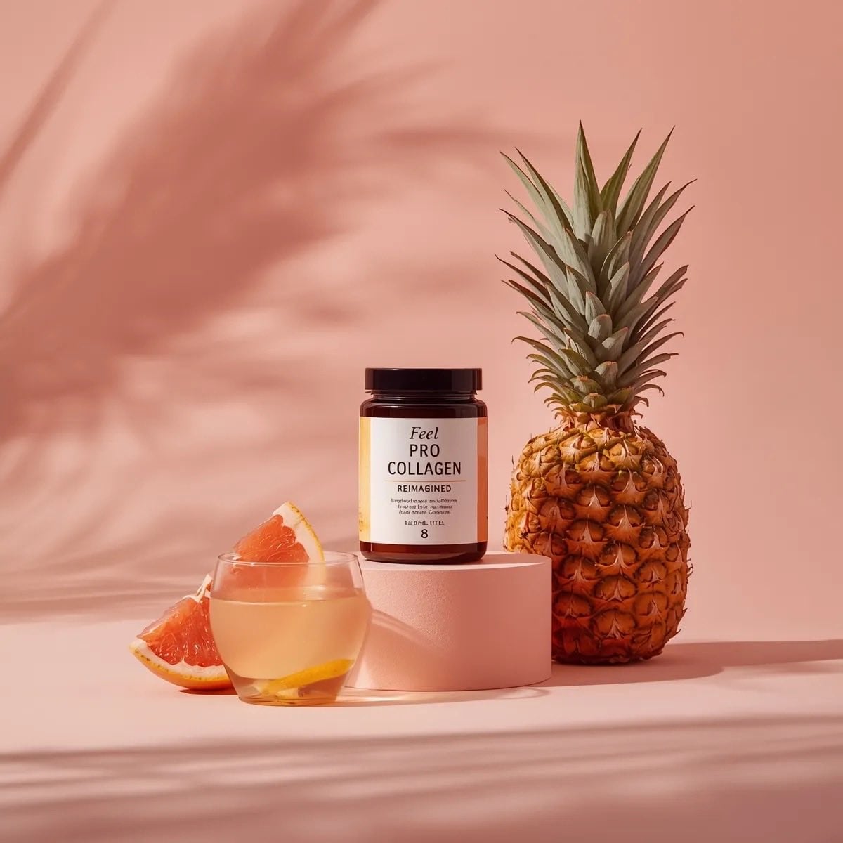 Minimalist luxury product photography of a collagen supplement jar placed on a s