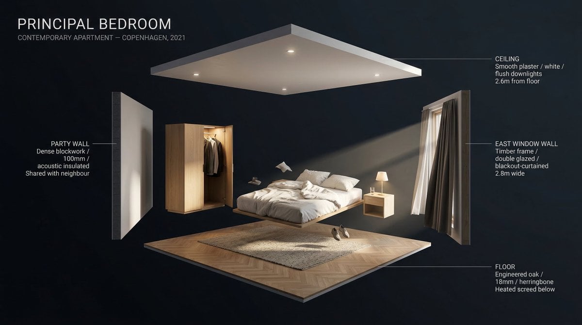 [ROOM TYPE] pulled apart in 3D, every surface and object  floating at its exact 