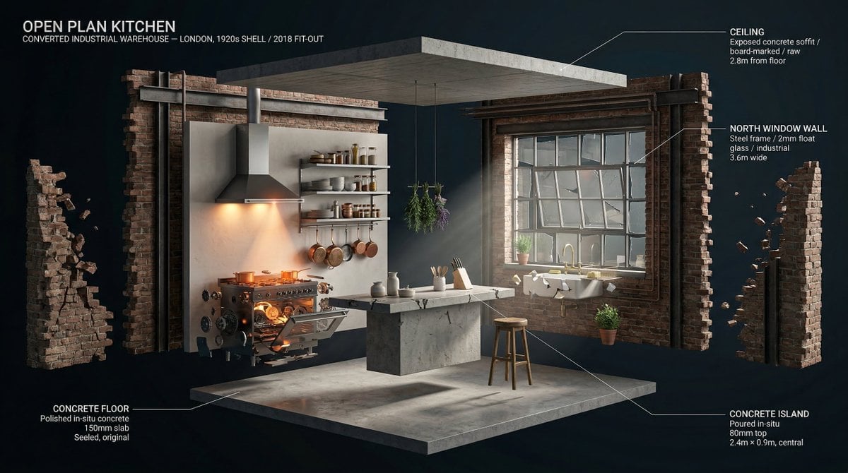 [ROOM TYPE] pulled apart in 3D, every surface and object  floating at its exact 