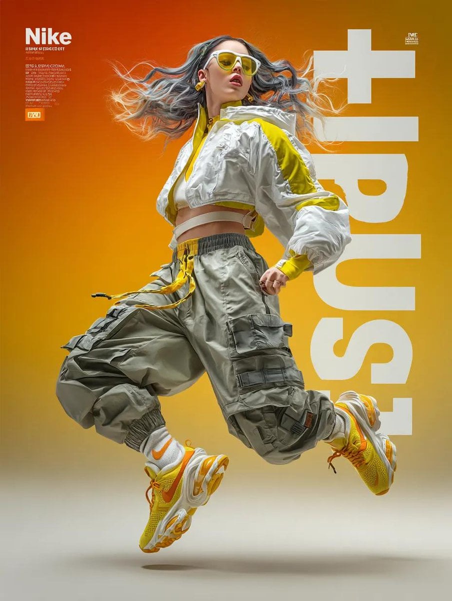 A dynamic fashion advertisement for Nike showing a hyper-realistic model mid-twi