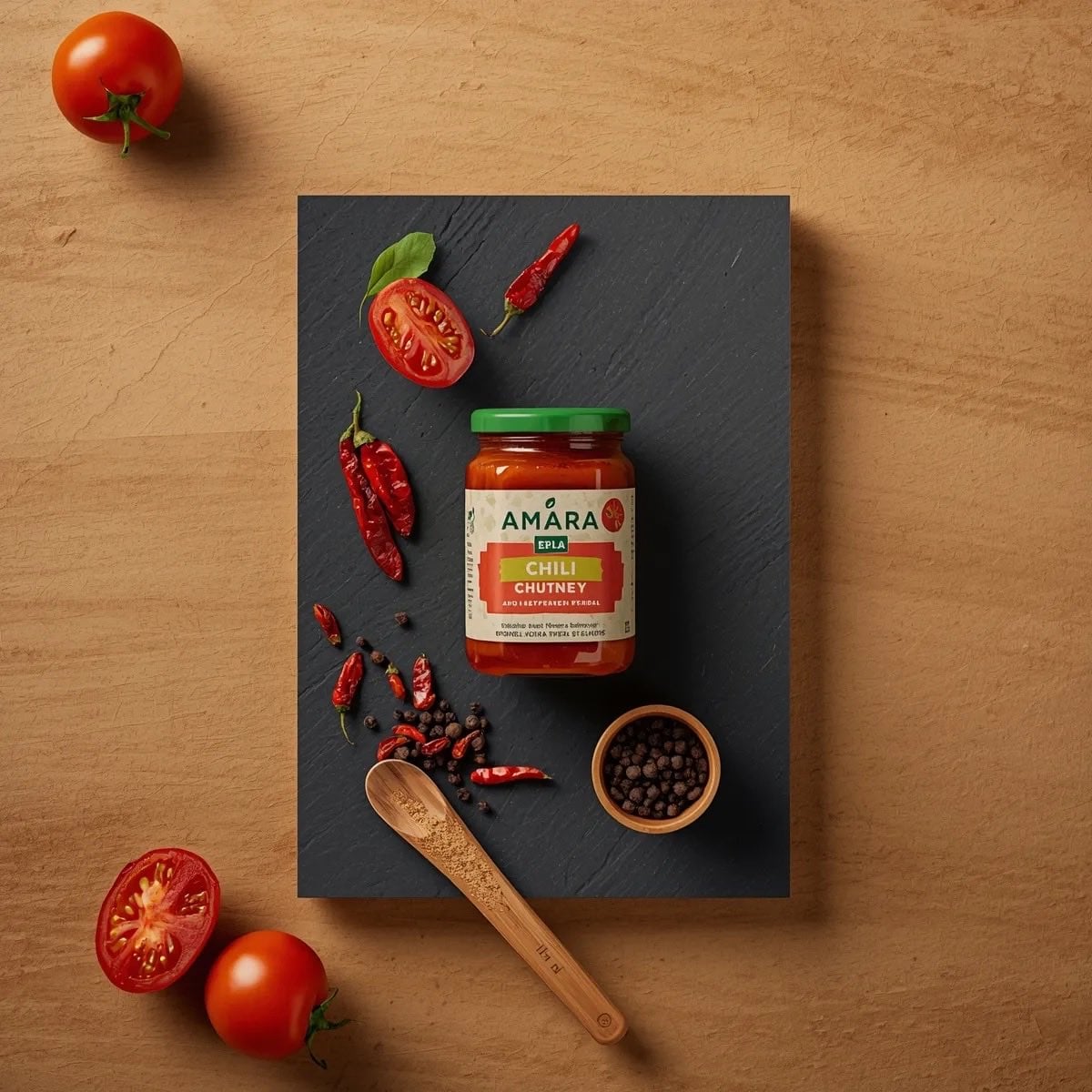Top-down premium food photography of a glass jar of chili tomato chutney placed 