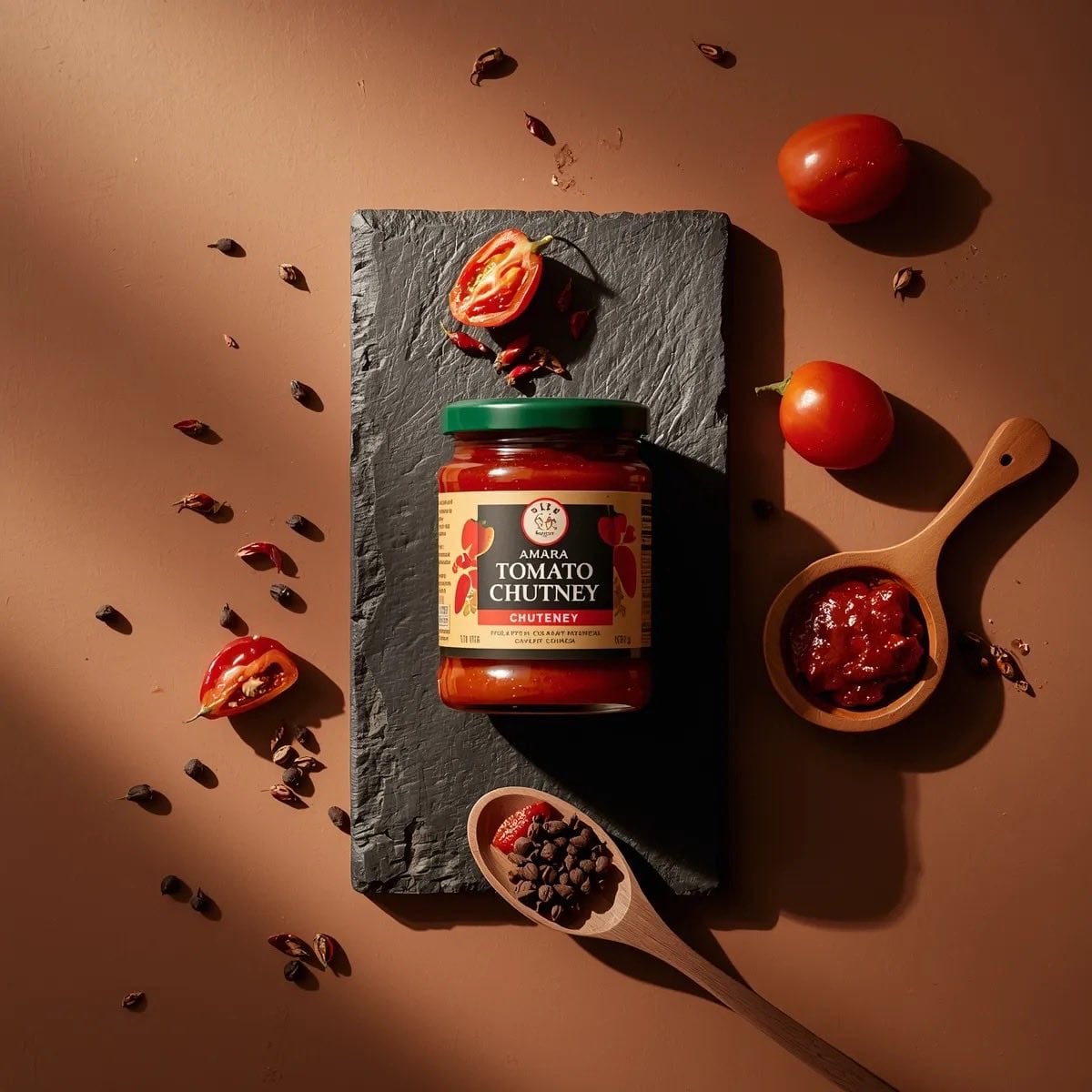 Top-down premium food photography of a glass jar of chili tomato chutney placed 