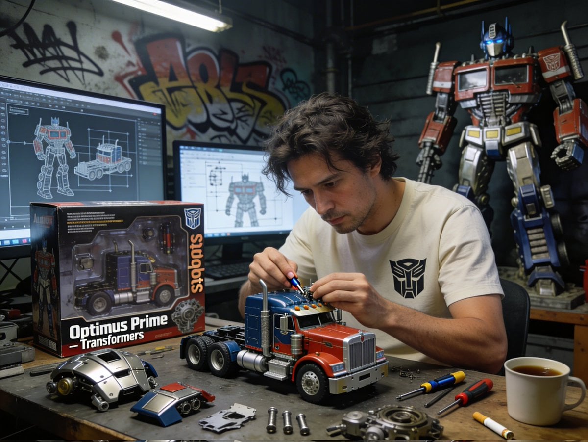 {
  "title": "Optimus Prime Toy Assembly Workshop",
  "style": "Hyper-realistic 