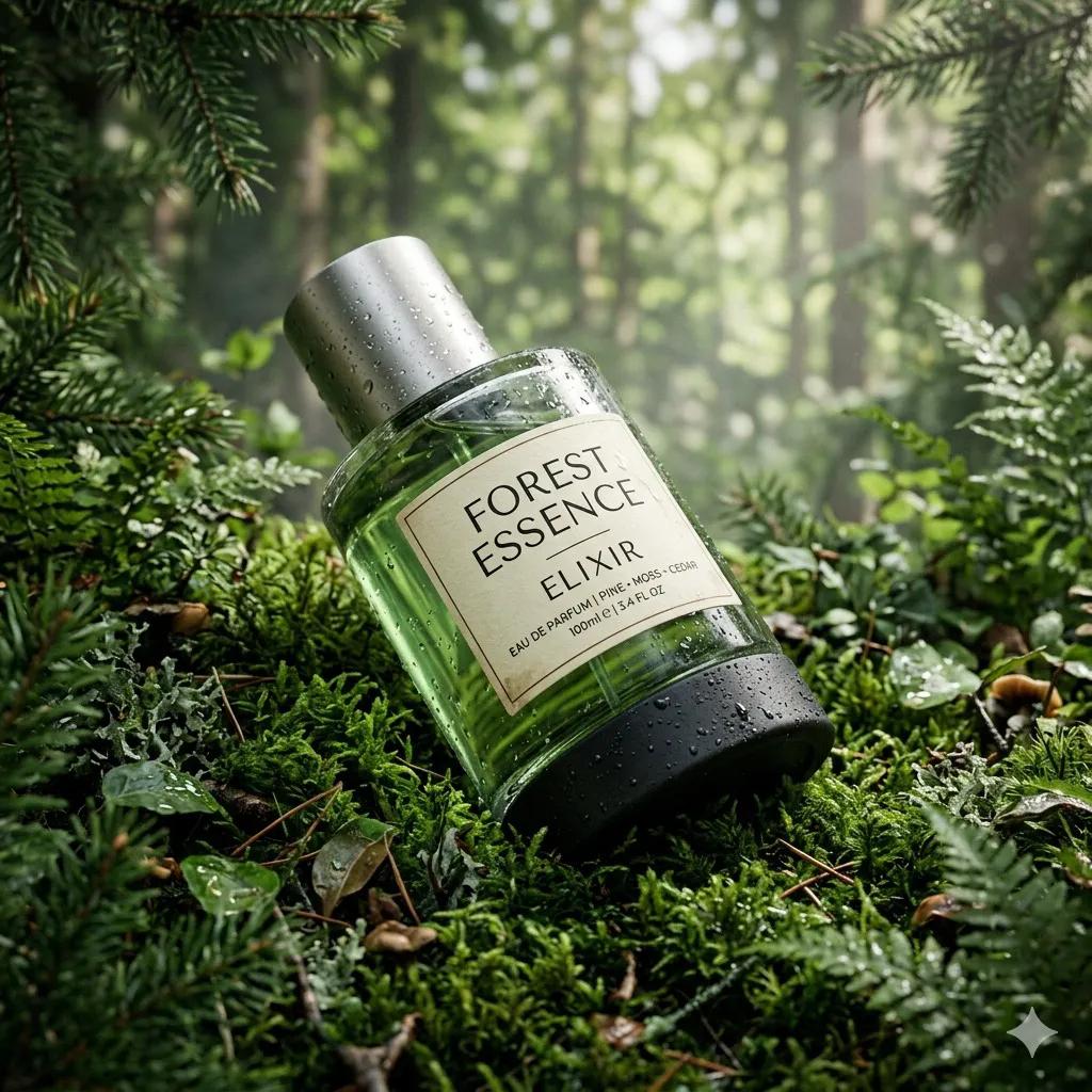 Ultra-realistic premium fragrance product shot of a perfume bottle (Forest Essen