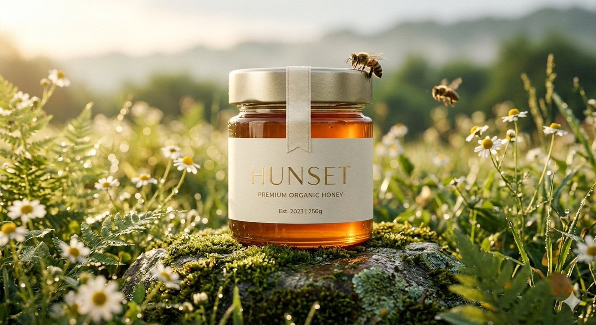 Ultra-realistic cinematic product shot of a premium honey jar placed inside a sh