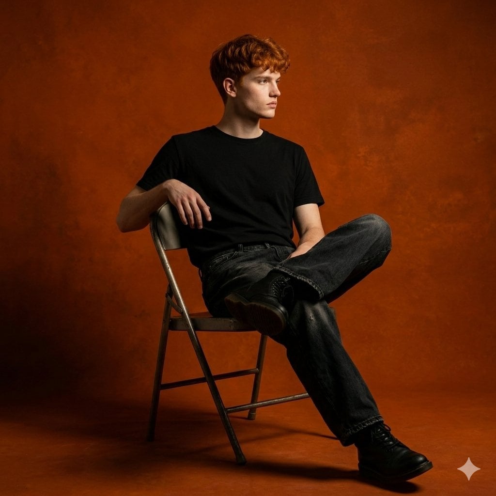 Use model (the person in the image) you create a dark orange studio photo featur