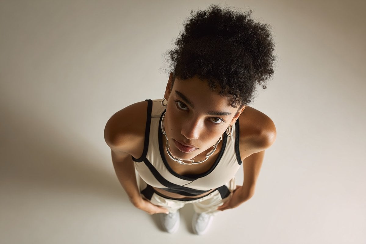 A [subject] photographed from a 35-degree overhead angle, standing alone in an o