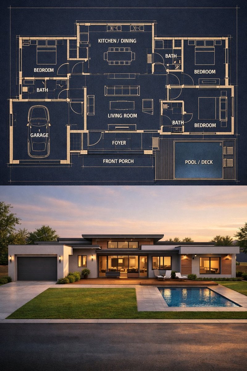 {
  "objective": "Create a split architectural visualization where the top is a 