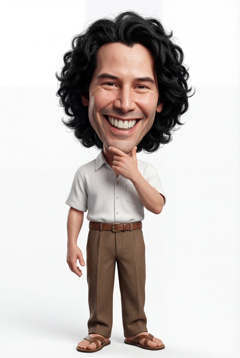 A highly detailed 3D caricature of a cheerful man with an oversized head, a big 