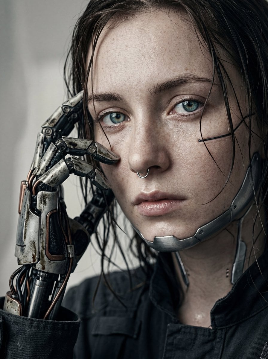 A hyper-realistic, cinematic extreme close-up portrait of a young woman with fai