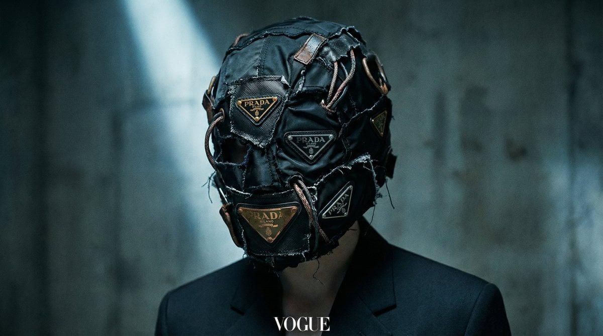 [BRAND]. A hyperrealistic editorial photo of a figure wearing a unique helmet or