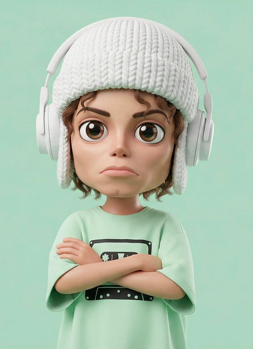 A stylized 3D cartoon character of a [PERSON] with big expressive eyes and a sli