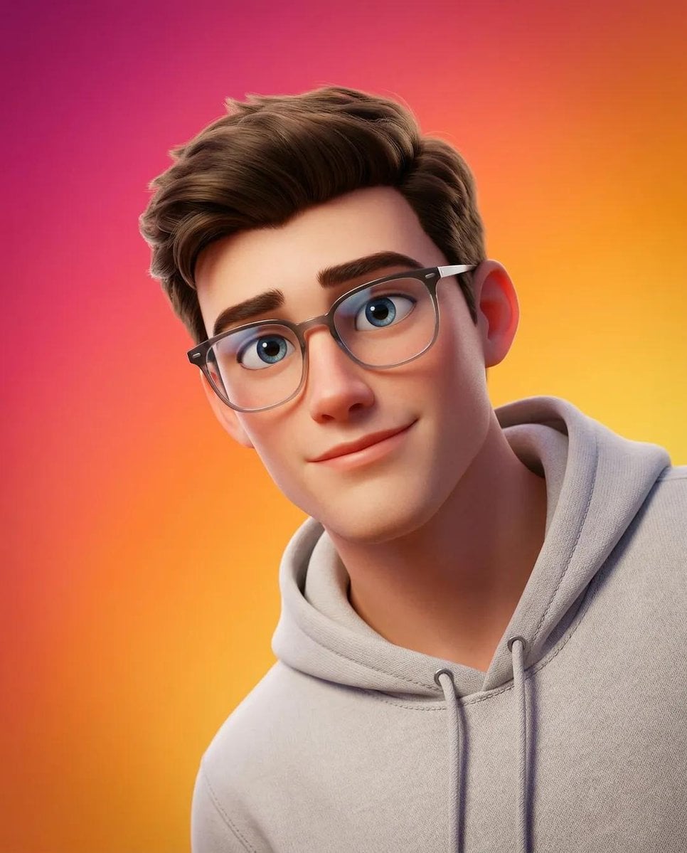 A stylized Pixar-style 3D portrait of a young person with smooth skin, large exp