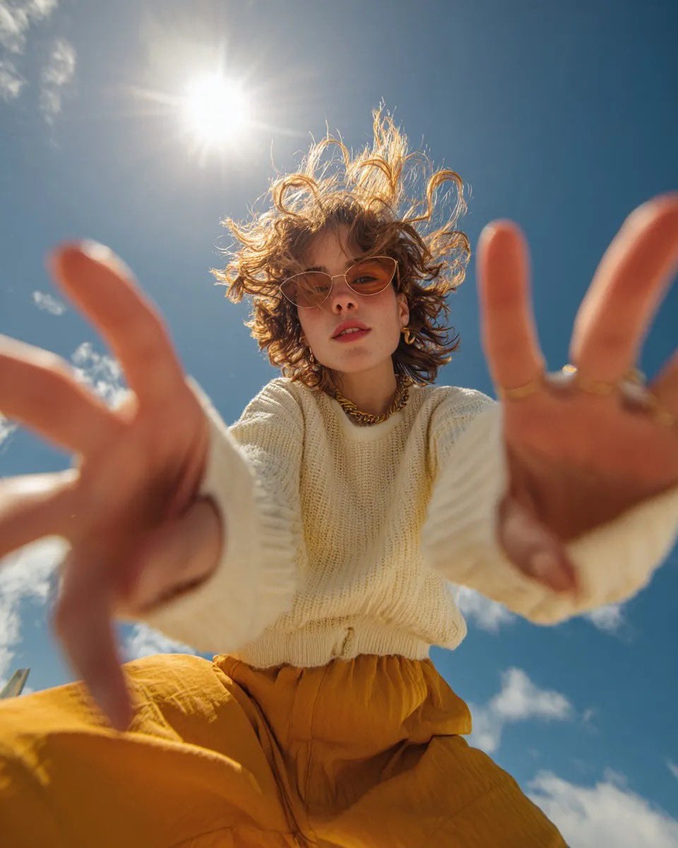 Ultra wide-angle low-angle portrait shot from ground perspective, young woman le