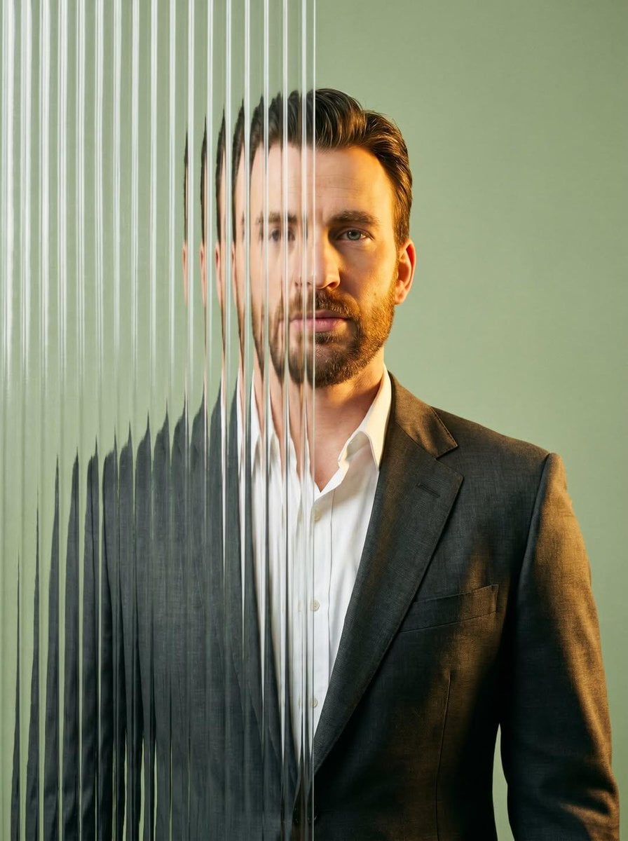 A striking editorial portrait photograph of a person wearing a red blazer, shot 