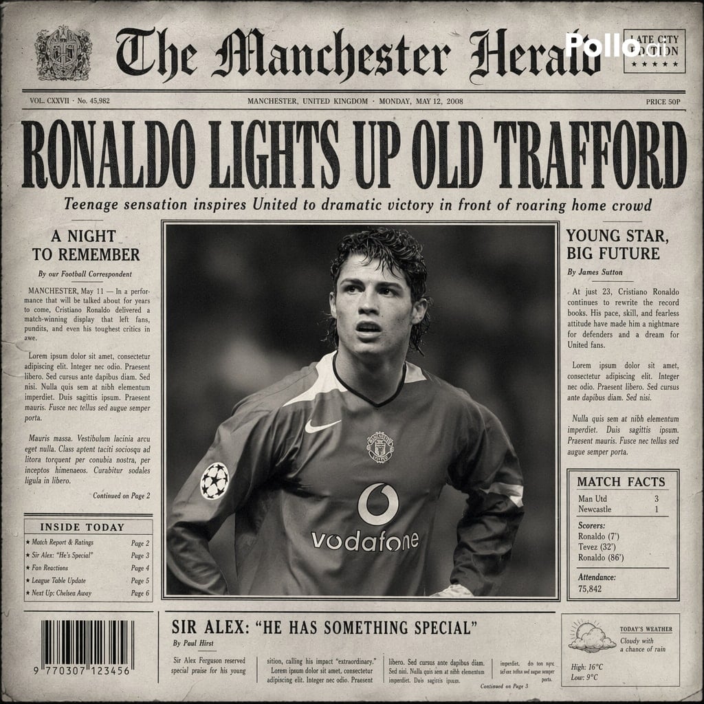 Create the most realistic front page design of a vintage newspaper featuring the