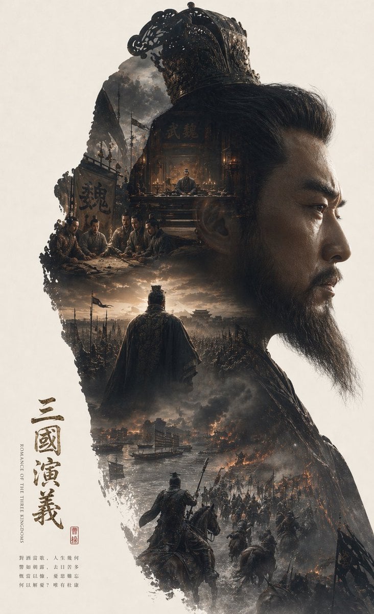 根据[红楼梦]自动生成一张 收藏版史诗叙事海报，

巨大优雅的{林黛玉}人物侧脸剪影作为外轮廓，剪影内部自动生长出最契合该主题的完整世界观、标志性场景、角色关系