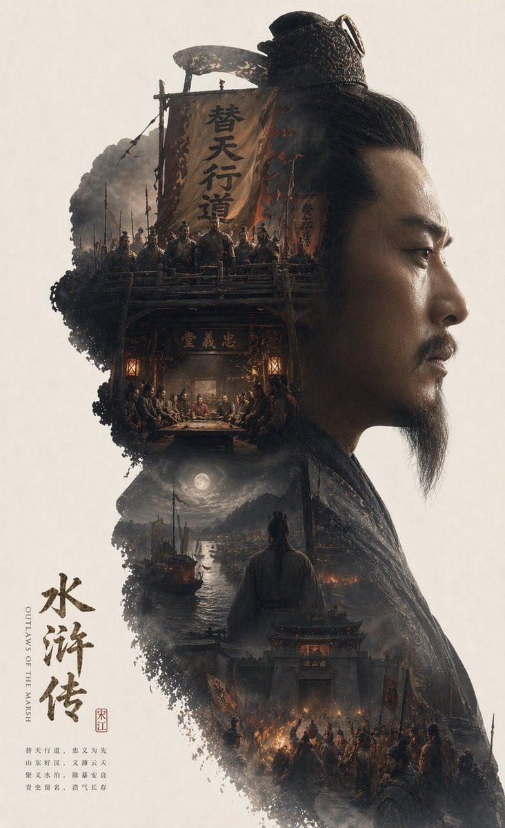 根据[红楼梦]自动生成一张 收藏版史诗叙事海报，

巨大优雅的{林黛玉}人物侧脸剪影作为外轮廓，剪影内部自动生长出最契合该主题的完整世界观、标志性场景、角色关系