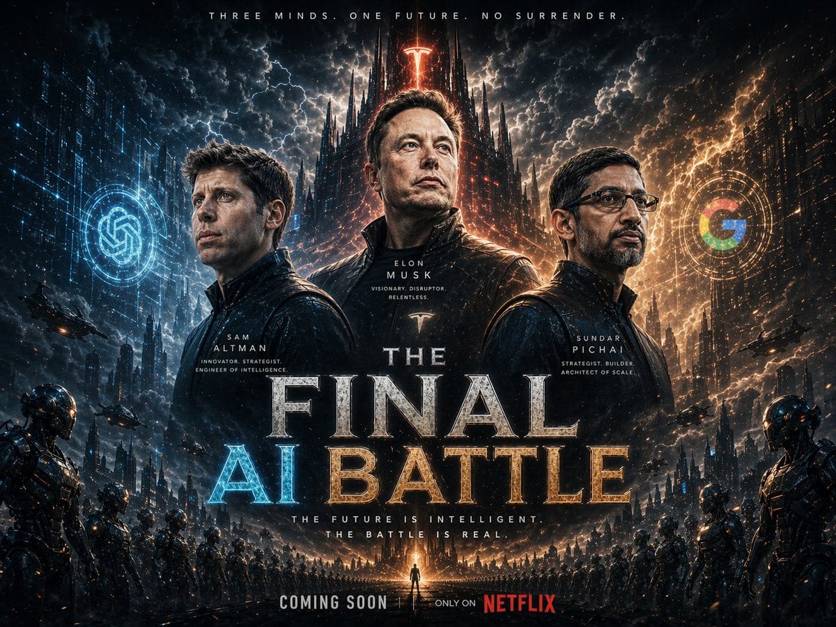 A cinematic epic sci-fi fantasy movie poster featuring three powerful tech leade