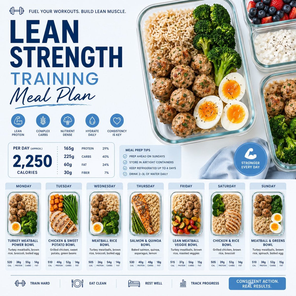 Clean & appetizing meal prep layouts

Design a minimalist healthy meal prep post