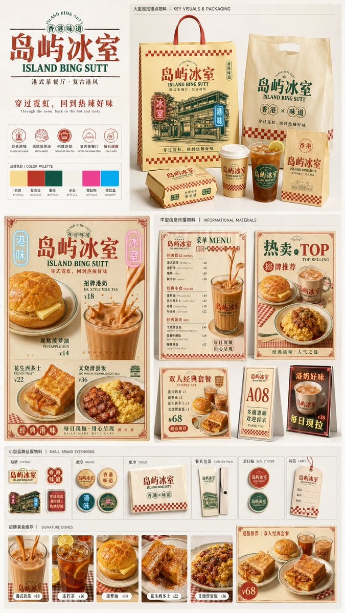 生成一张[餐饮品牌触点矩阵]系列视觉图，用于展示一个完整的餐饮品牌视觉系统与包装应用方案。

这是一个面向餐饮行业的品牌VI样机展示板 / 包装系统陈列图 / 