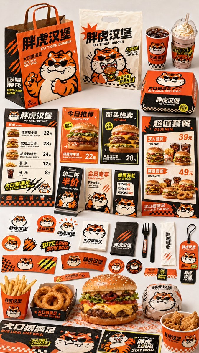 生成一张[餐饮品牌触点矩阵]系列视觉图，用于展示一个完整的餐饮品牌视觉系统与包装应用方案。

这是一个面向餐饮行业的品牌VI样机展示板 / 包装系统陈列图 / 
