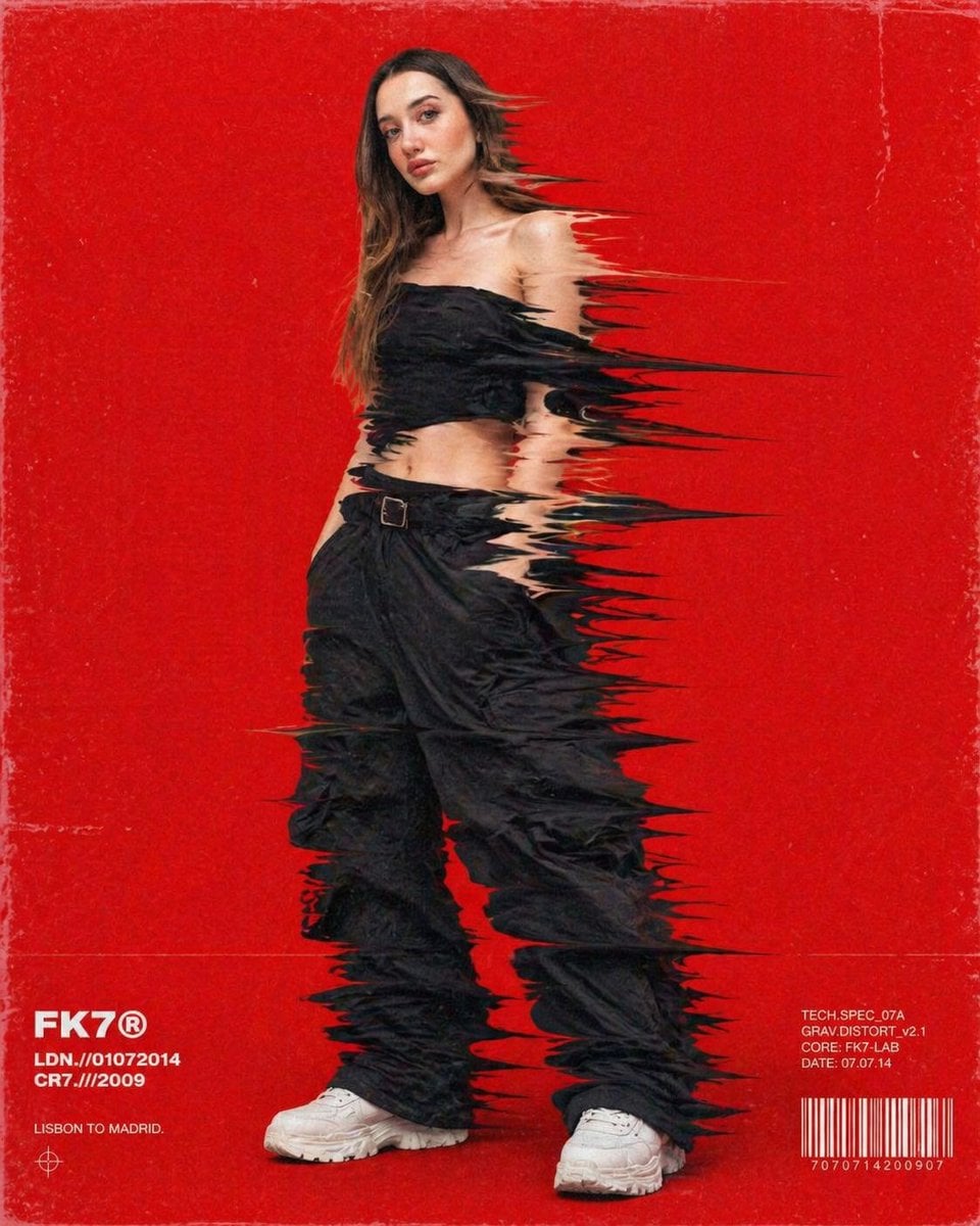 Hip-hop fashion model standing full-frame, clothing distorted into stretched str