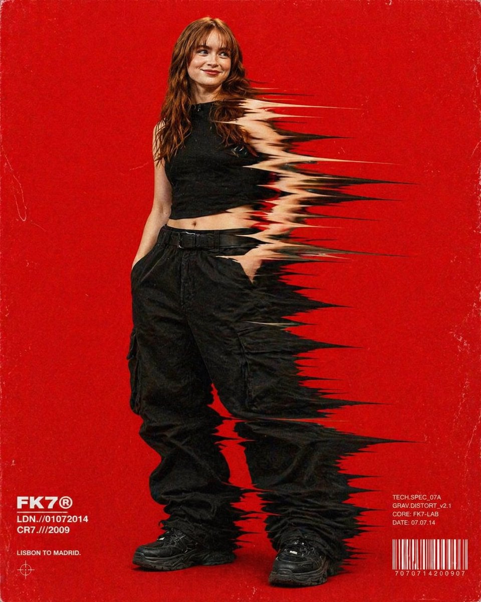 Hip-hop fashion model standing full-frame, clothing distorted into stretched str