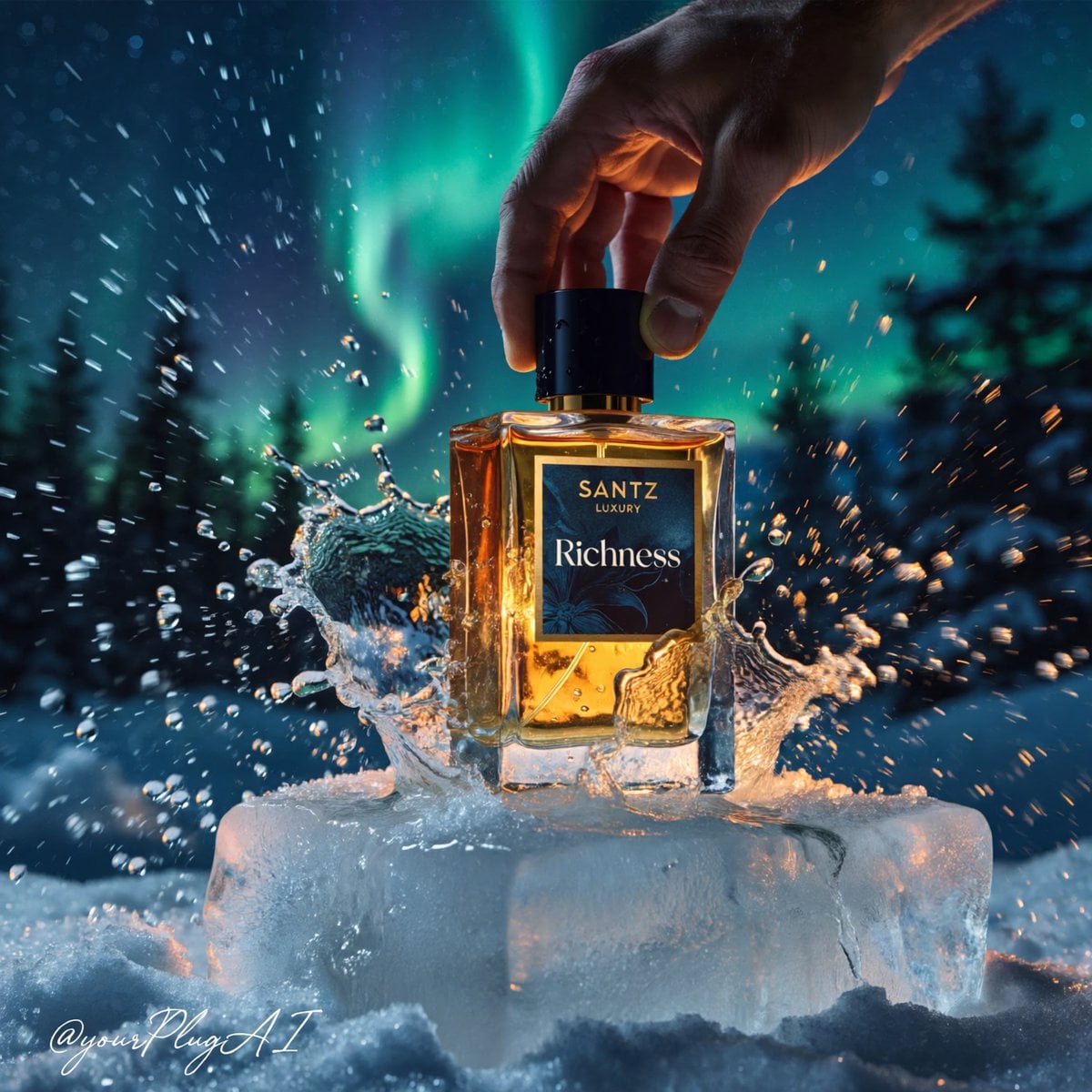 Create a hyper-realistic cinematic luxury perfume product photograph featuring [