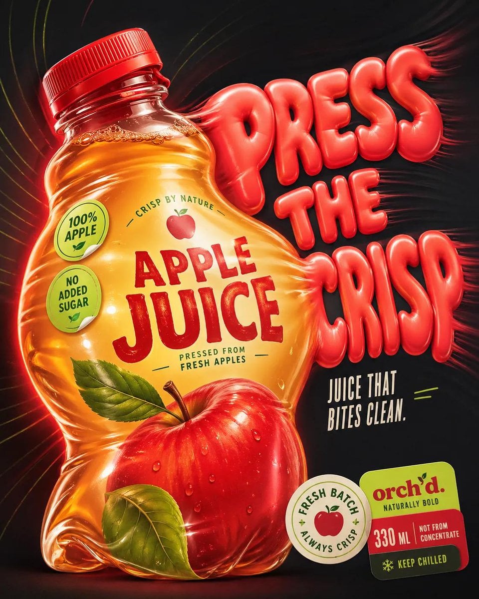Design a '4:5' product poster for an 'orange' juice 3d bottle using playful infl