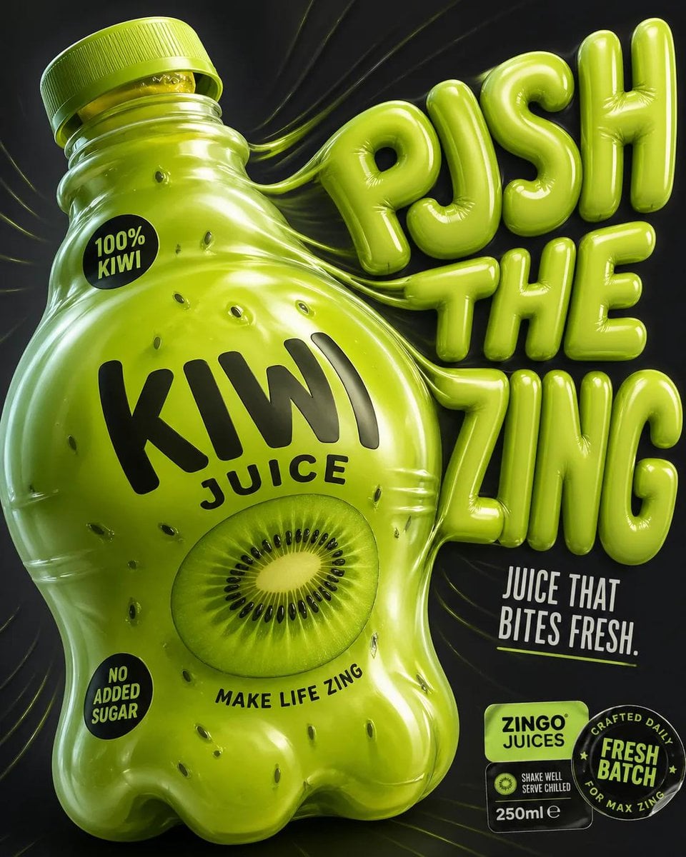 Design a '4:5' product poster for an 'orange' juice 3d bottle using playful infl