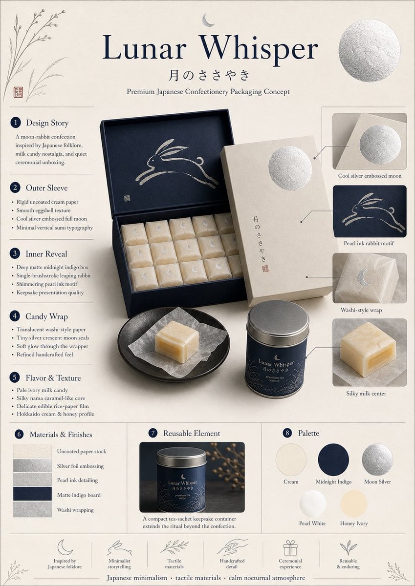 Premium Japanese confectionery packaging concept, “Lunar Whisper” / 月のささやき, insp