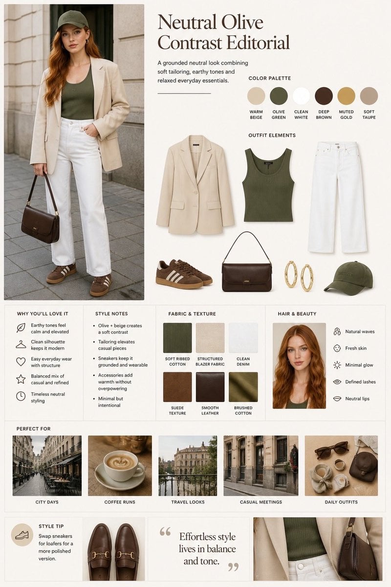 Fashion editorial layout, split design with model photo on the left and styled o