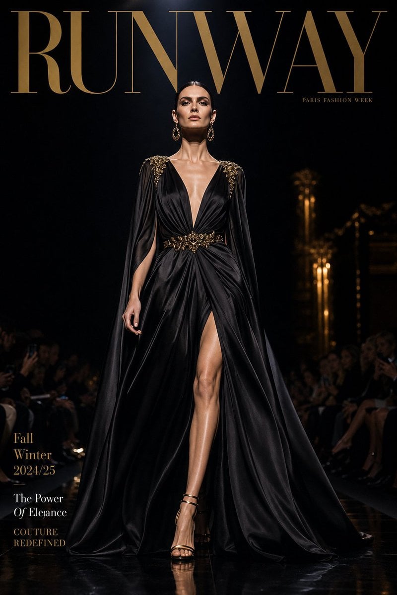 Luxury high-fashion runway magazine cover, title "FASHION",

an elegant model wa