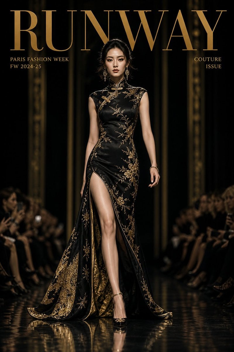 Luxury high-fashion runway magazine cover, title "FASHION",

an elegant model wa