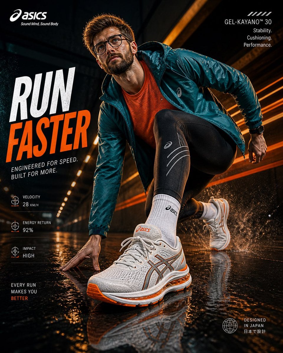 Create an ultra-high resolution (8K) premium ASICS sportswear advertisement with