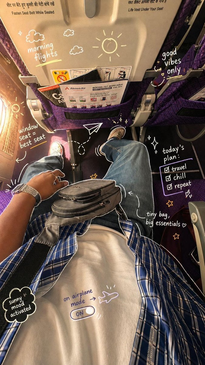 POV travel photography of a person sitting at an airport and inside an airplane,