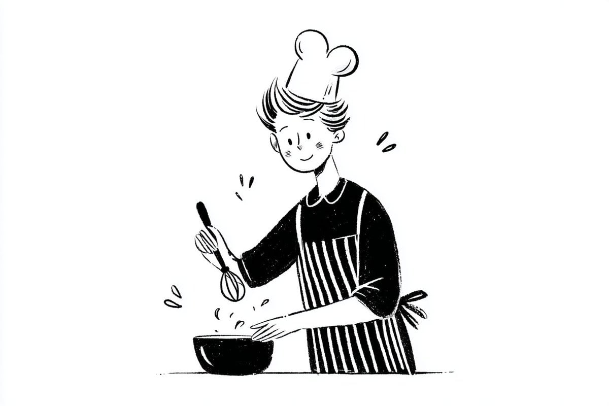 A simple black-and-white illustration of a [subject] in [outfit], [doing action]