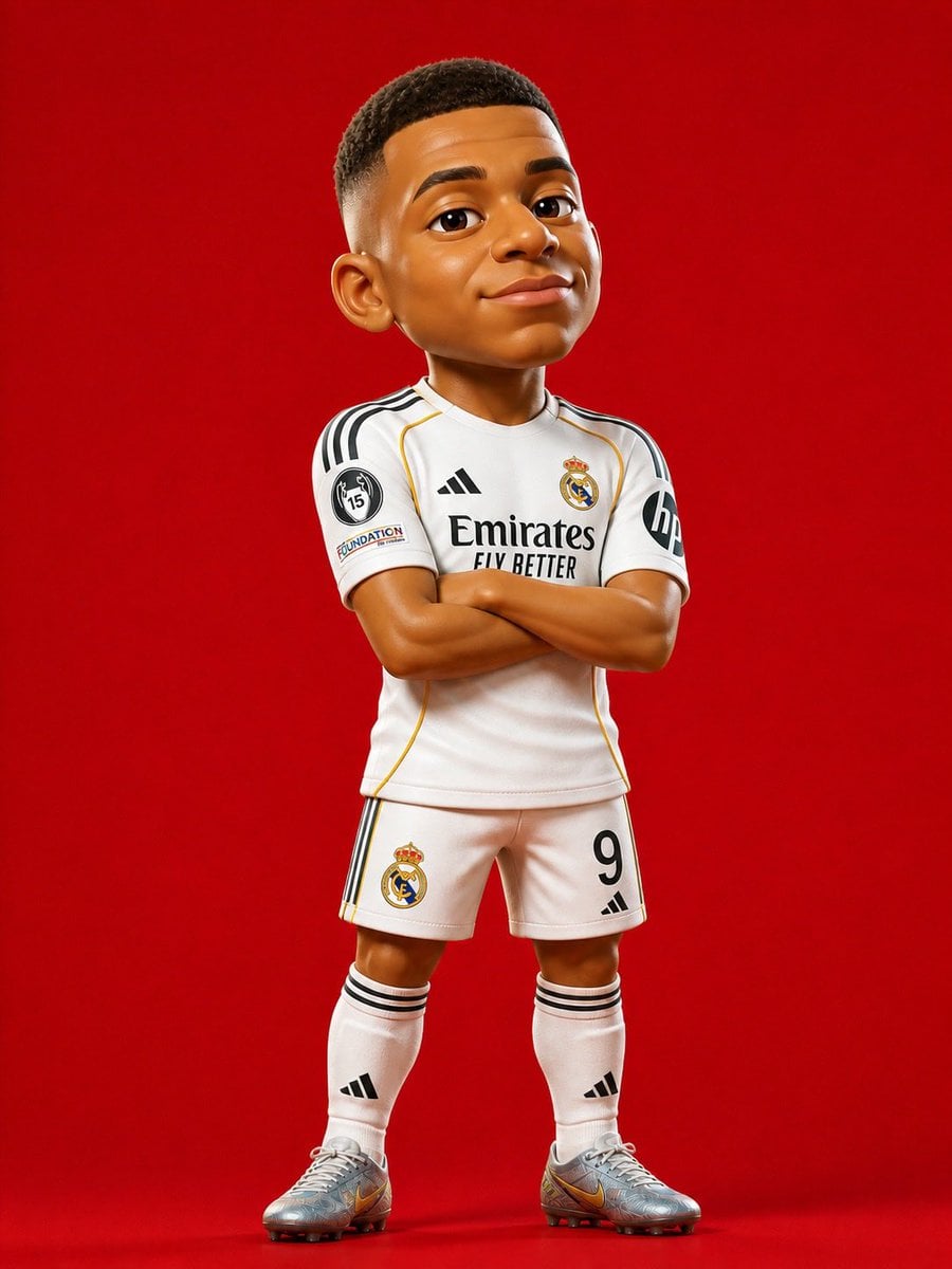 3D rendered caricature figurine of Cristiano Ronaldo, big head chibi style, wear