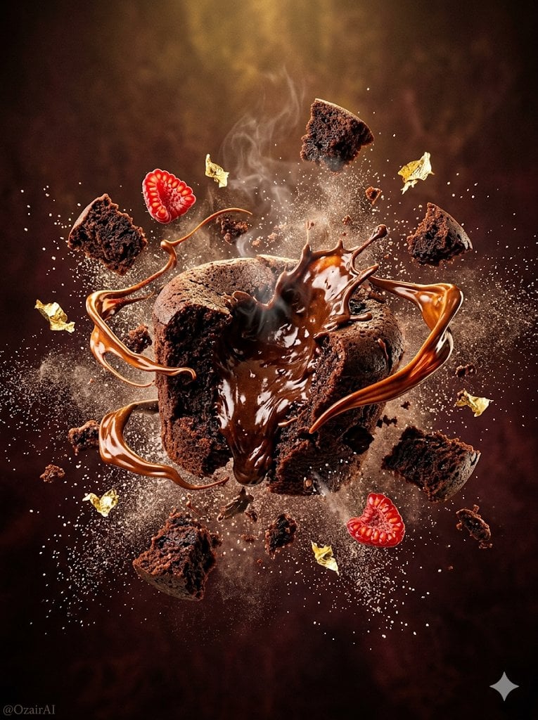 [Floating Chocolate Explosion]
A cinematic floating product shot of [rich dark c