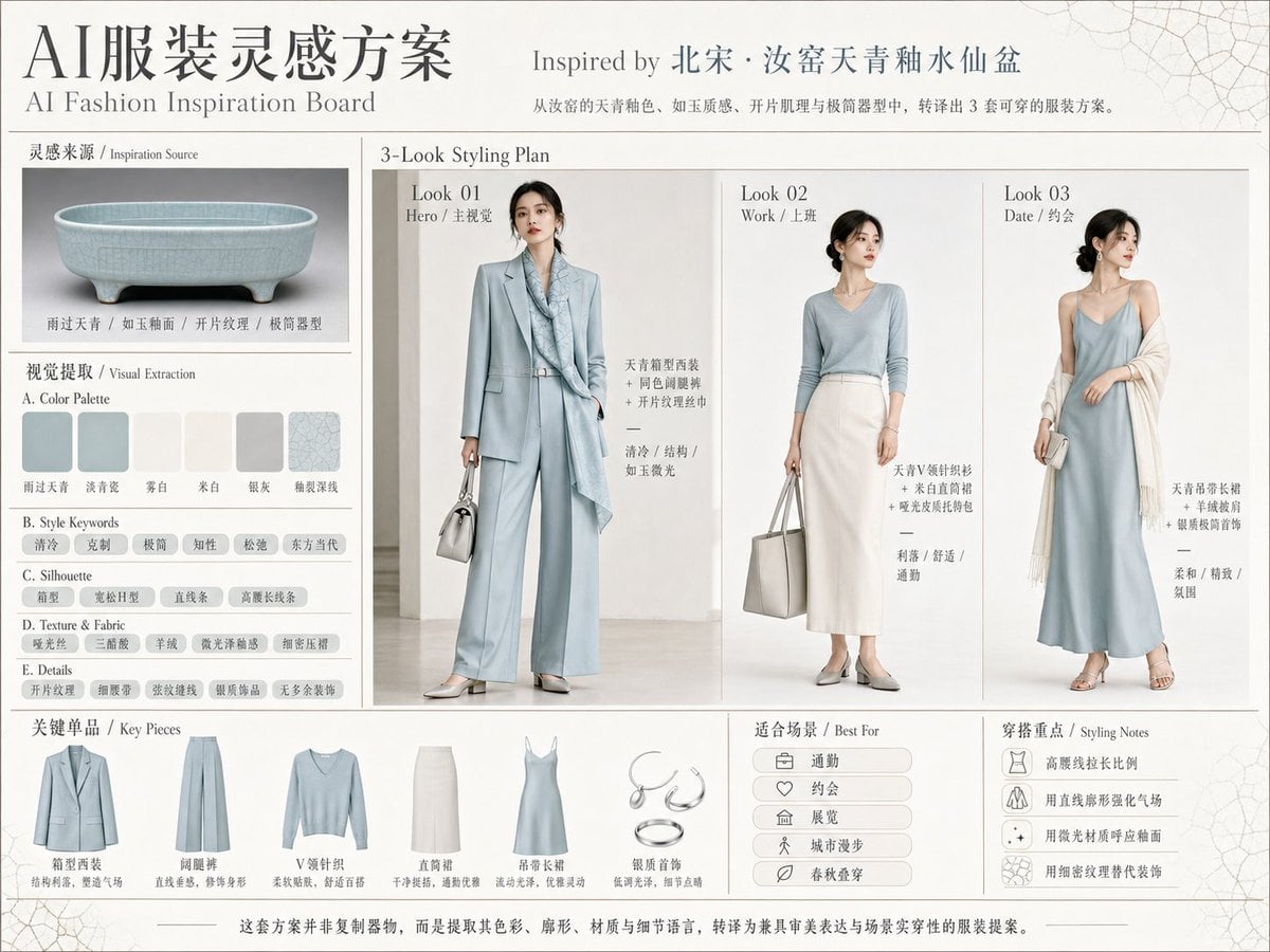 请根据用户输入的【主标题】或上传的【参考图片】，创作一张横向 4:3 的高完成度「AI服装灵感方案 / AI Fashion Inspiration Board
