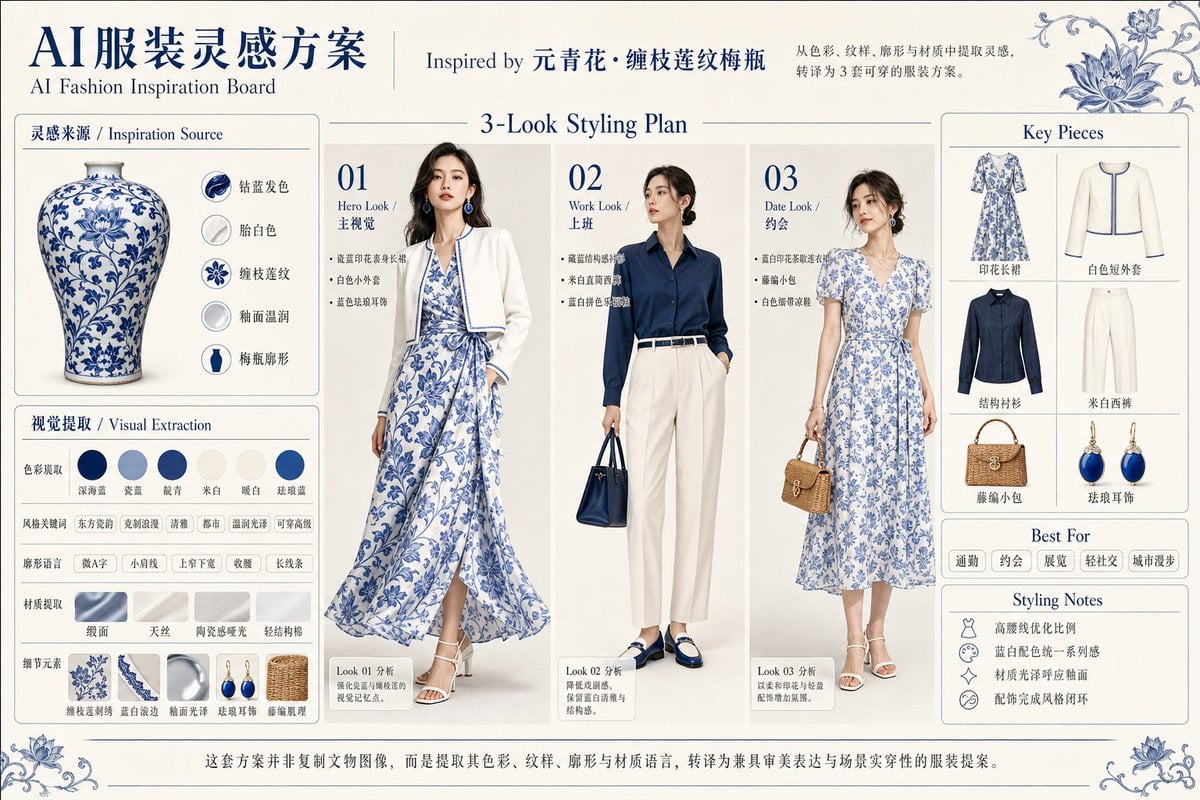 请根据用户输入的【主标题】或上传的【参考图片】，创作一张横向 4:3 的高完成度「AI服装灵感方案 / AI Fashion Inspiration Board