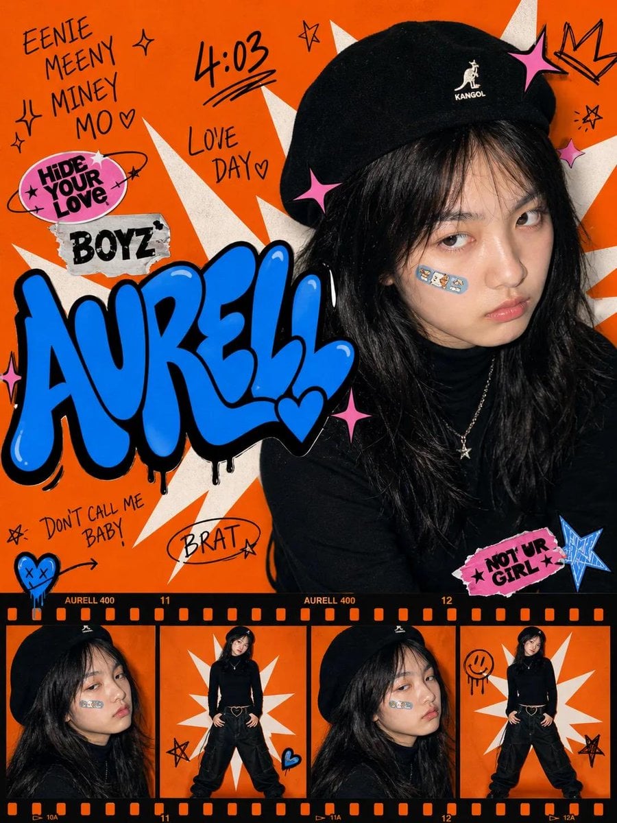 Create a bold Y2K pop-street editorial collage featuring a young person as the c