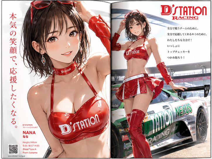 レースクィーン雑誌の見開きページを作成。 接写あり。 日本人モデル。 スタイルを変えて4枚作成。 アニメイラスト調。