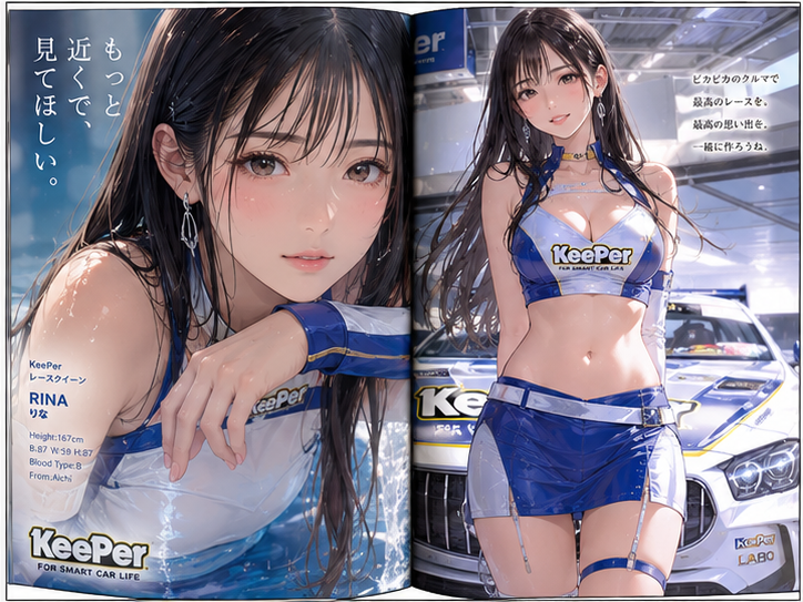 レースクィーン雑誌の見開きページを作成。 接写あり。 日本人モデル。 スタイルを変えて4枚作成。 アニメイラスト調。