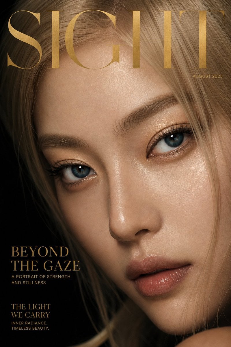 Luxury extreme close-up portrait, magazine cover style, title "SIGHT",

featurin