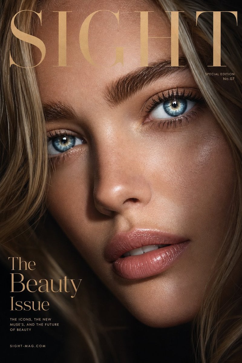 Luxury extreme close-up portrait, magazine cover style, title "SIGHT",

featurin