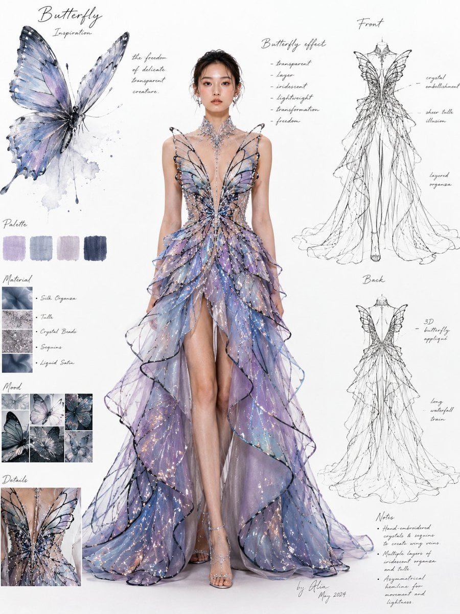 时尚设计稿 / 高定礼服设计页，主题灵感来自 [灵感主题]。画面为专业服装设计展示板构图：中央是一位全身站立的真人女模特，真实感、写实皮肤质感、自然五官、高级时
