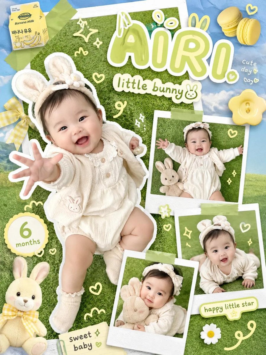 Kawaii scrapbook-style children photography poster, cute little girl with long b