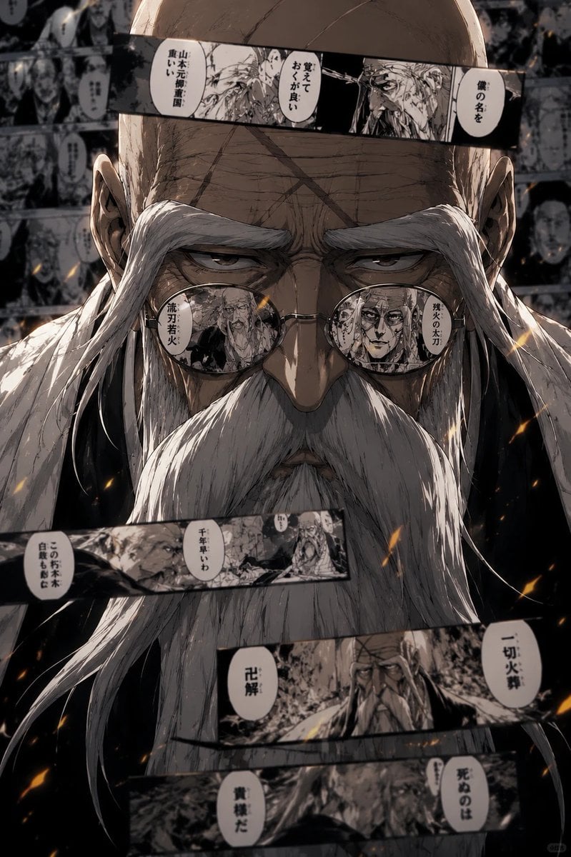 超高细节二次元热血漫画风角色海报，少年死神角色正面半身特写，橙色炸毛短发，琥珀色眼睛，佩戴黑色圆框复古墨镜，冷峻严肃表情，正中央对称构图，镜头直视观众，强烈压迫